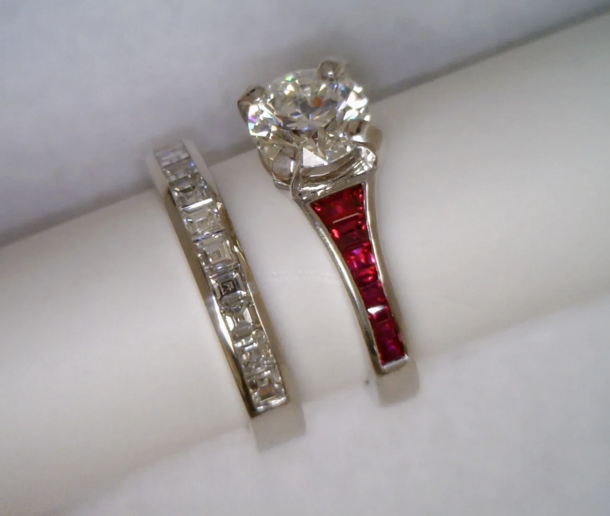 Diamond and ruby rings on display